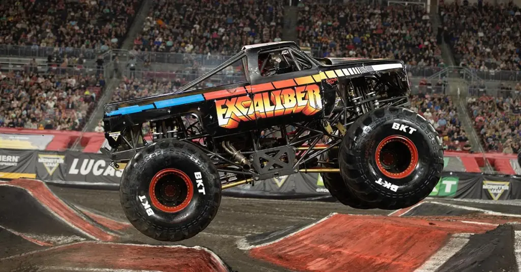 Excaliber monster truck performing freestyle jumps during Philadelphia competition event.