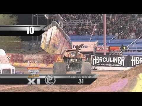Monster truck competition scoring and judging during Philadelphia stadium event.