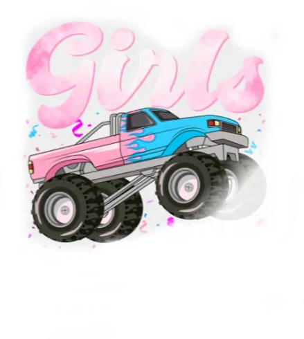 A pink and blue monster truck with the words girls on it